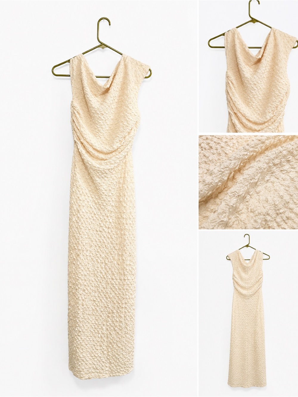 Fashion Nova Cream Textured Cowl Neck Maxi Dress